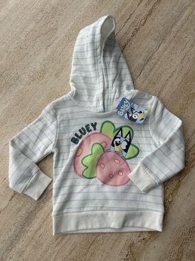 NEW 🆕 Bluey Kids' Hooded Sweatshirt - White with Light Blue Stripes 2T with tags
